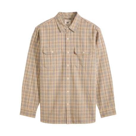 Chemise en coton beige à carreaux pourvue d'une coupe droite