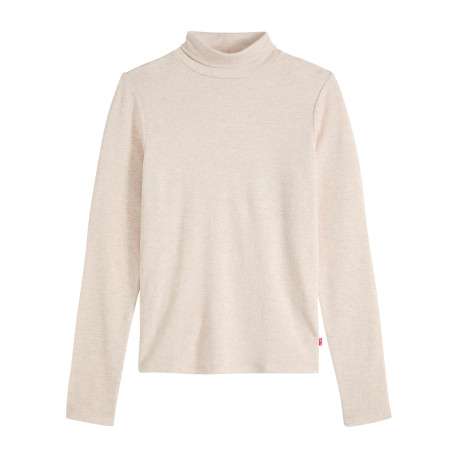 T-shirt écru à coupe ajustée pourvu d'un col roulé et de manches longues