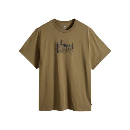T-shirt en coton kaki imprimé à coupe droite pourvu d'un col rond