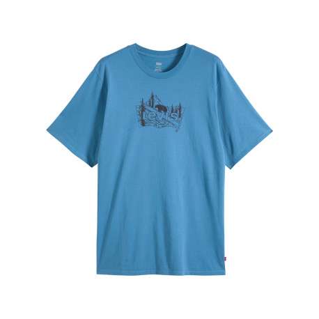 T-shirt en coton bleu imprimé à coupe droite pourvu d'un col rond