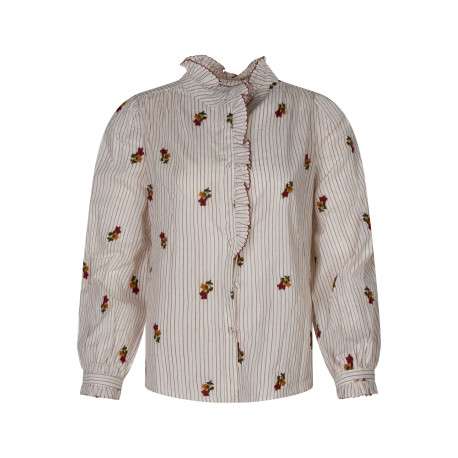 Chemisier en coton blanc muni de motifs floraux à coupe droite