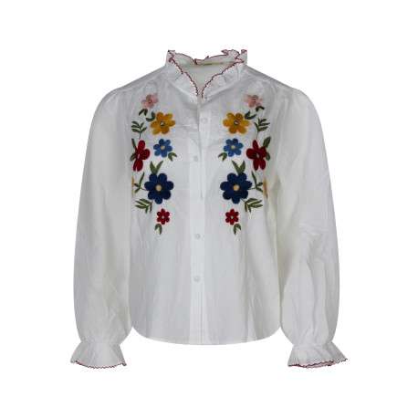 Chemisier en coton blanc à motifs floraux muni d'une coupe droite et un col mao
