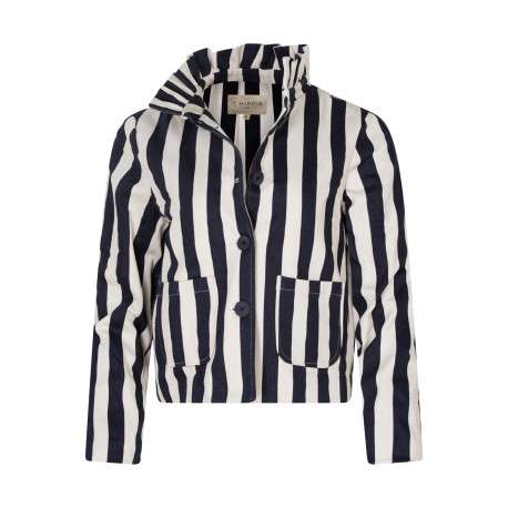 Blouson en coton blanc à rayures bleues muni d'une coupe droite