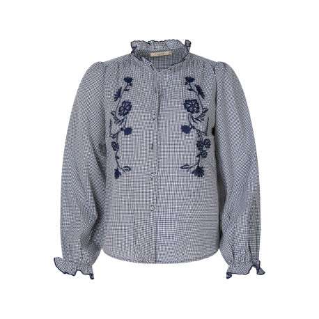 Chemisier en coton bleu marine vichy à coupe droite avec un col mao