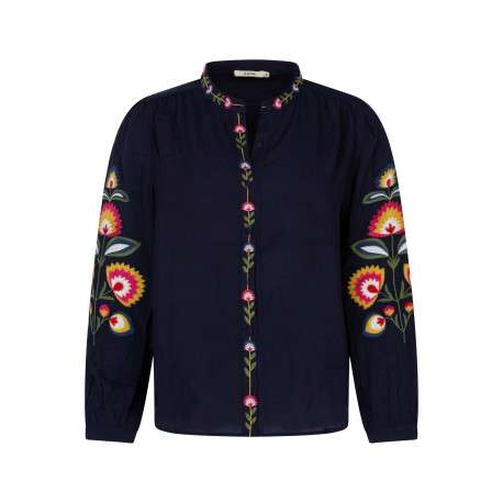 Chemisier bleu marine à coupe droite muni d'un col officier et de motifs floraux