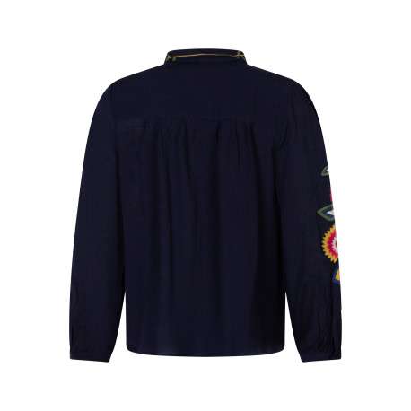 Chemisier bleu marine à coupe droite muni d'un col officier et de motifs floraux - Image 2