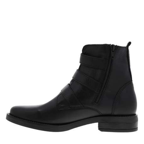 Bottines en cuir noir à brides décoratives, talon décroché bas, semelle plate et zip d'aisance - Image 3