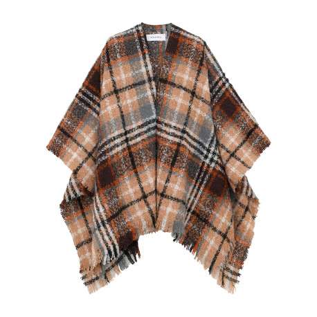 Poncho camel à carreaux doté d'une coupe asymétrique et des manches longues
