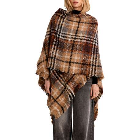 Poncho camel à carreaux doté d'une coupe asymétrique et des manches longues - Image 2