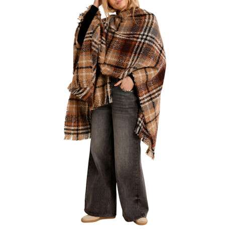 Poncho camel à carreaux doté d'une coupe asymétrique et des manches longues - Image 4