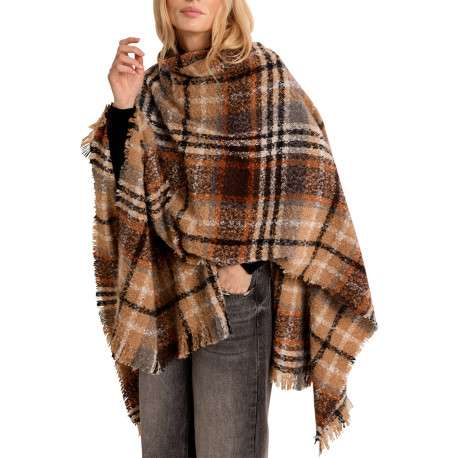 Poncho camel à carreaux doté d'une coupe asymétrique et des manches longues - Image 5