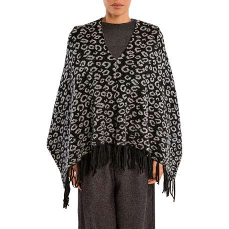 Poncho noir à motifs léopaard doté d'une coupe asymétrique et un col V