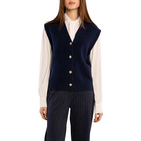Gilet bleu marine à coupe droite muni d'un col V sans manches - Image 2