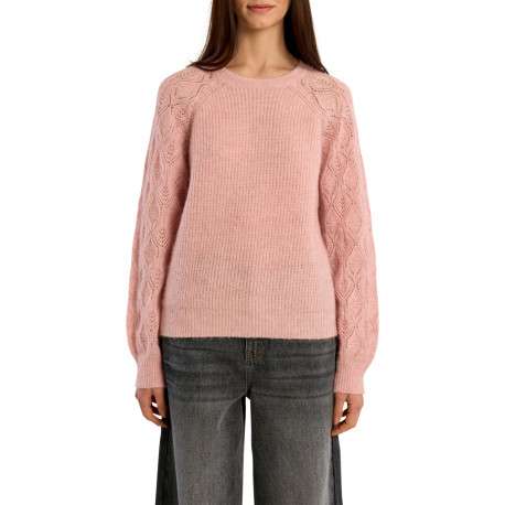 Pull rose uni à manches longues ornés de maille aérée à motifs