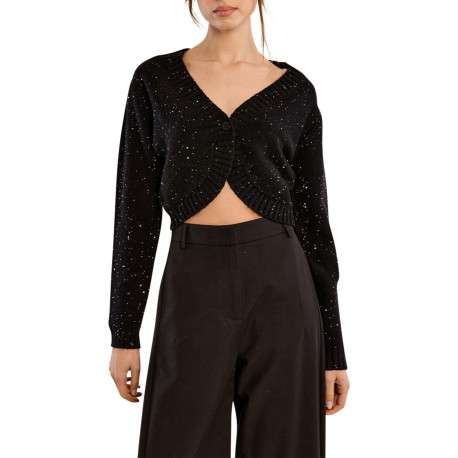 Gilet noir uni à coupe cropped doté d'un col V et de manches longues