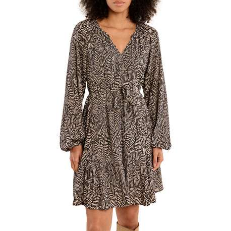 Robe beige et noire à motifs géométriques pourvue d'une coupe ajustée