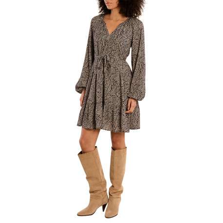 Robe beige et noire à motifs géométriques pourvue d'une coupe ajustée - Image 2