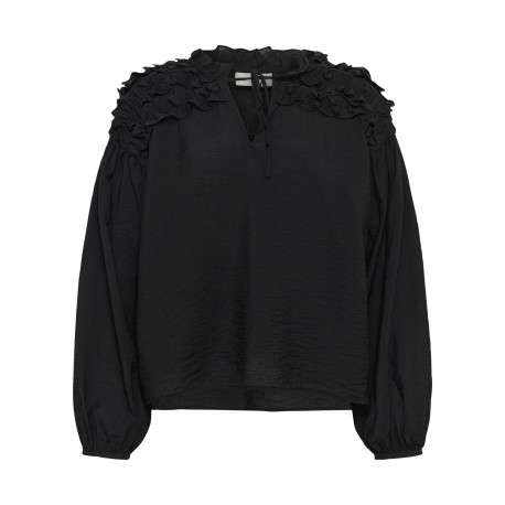 Blouse noire unie avec une coupe droite et un col montant volanté