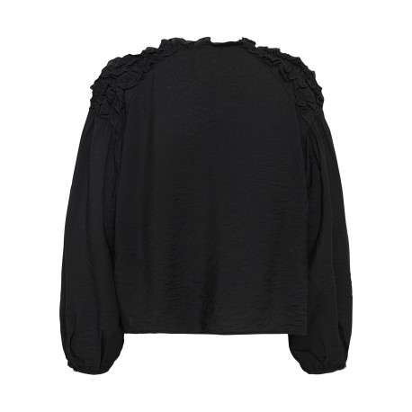 Blouse noire unie avec une coupe droite et un col montant volanté - Image 2
