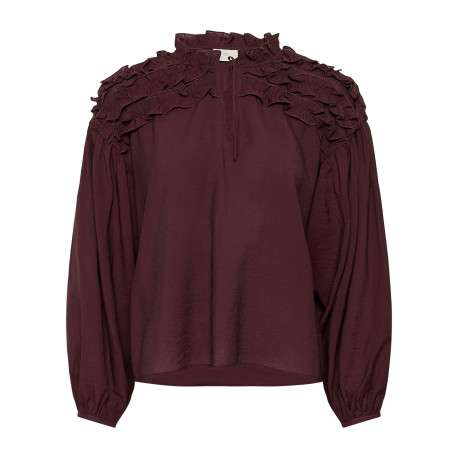 Blouse bordeaux unie avec une coupe droite et un col montant