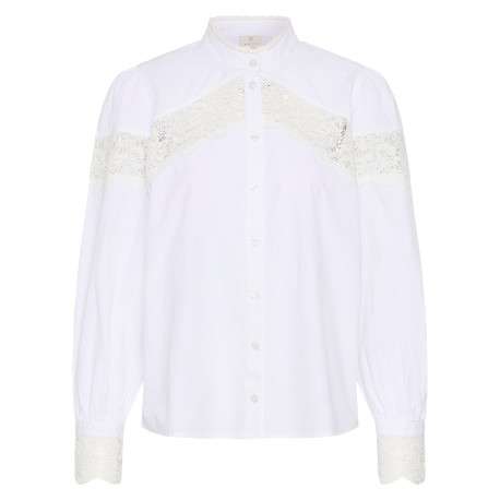 Chemisier en coton blanc à motif floral avec une coupe droite et un col montant