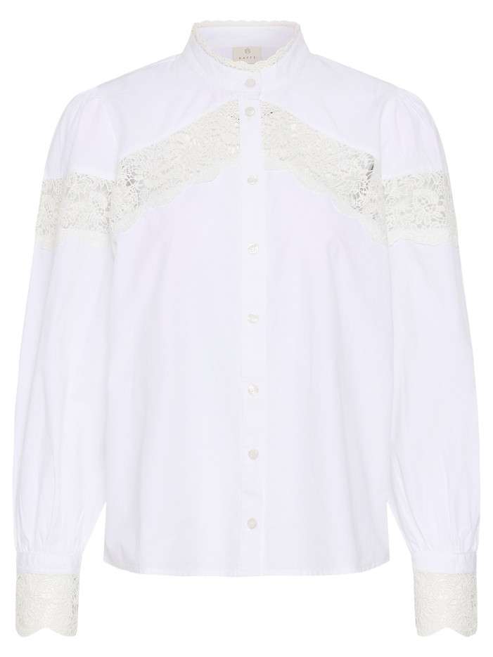 Chemisier en coton blanc à motif floral avec une coupe droite et un col montant