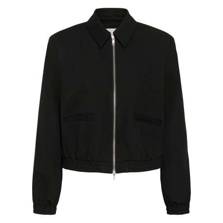 Bomber noir uni à coupe droite avec un col à revers et un zip