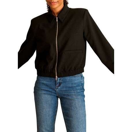 Bomber noir uni à coupe droite avec un col à revers et un zip - Image 3