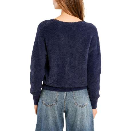 Pull marine uni pourvu d'une coupe droite et un col V orné d'un liseré - Image 2