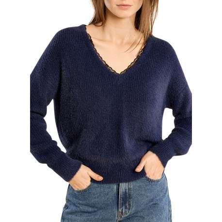 Pull marine uni pourvu d'une coupe droite et un col V orné d'un liseré - Image 3