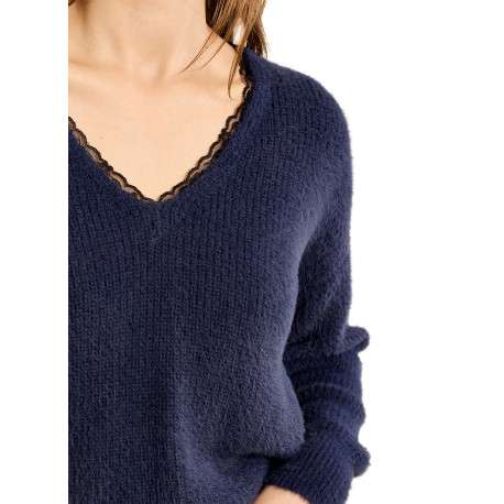 Pull marine uni pourvu d'une coupe droite et un col V orné d'un liseré - Image 5