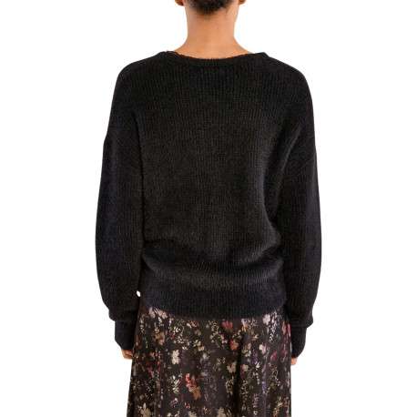 Pull noir uni avec une coupe droite et un col V à manches longues - Image 2