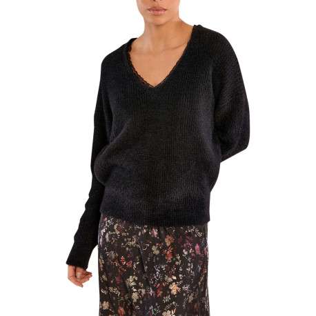 Pull noir uni avec une coupe droite et un col V à manches longues - Image 4