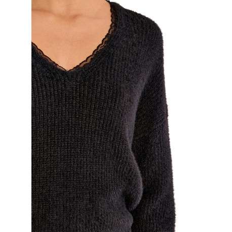Pull noir uni avec une coupe droite et un col V à manches longues - Image 5