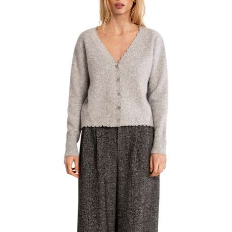 Pull gris à coupe droite doté d'un col V et de boutons gris pailletés