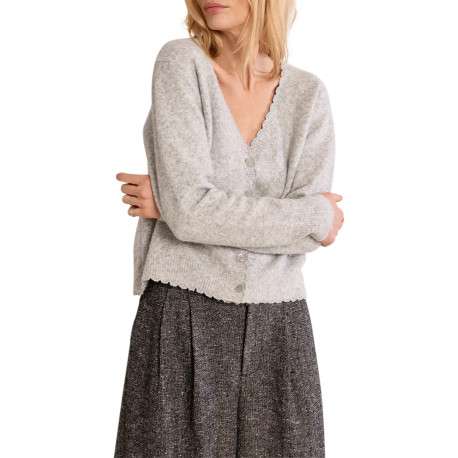 Pull gris à coupe droite doté d'un col V et de boutons gris pailletés - Image 4