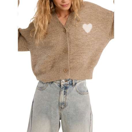 Pull beige uni avec une coupe droite orné d'un coeur sur la poitrine et un col V - Image 4