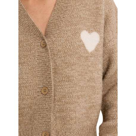 Pull beige uni avec une coupe droite orné d'un coeur sur la poitrine et un col V - Image 5