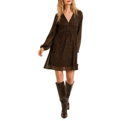 Robe marron avec des reliefs brillants dotée d'une coupe ajustée et un col V - Image 2