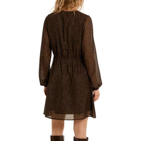 Robe marron avec des reliefs brillants dotée d'une coupe ajustée et un col V - Image 3