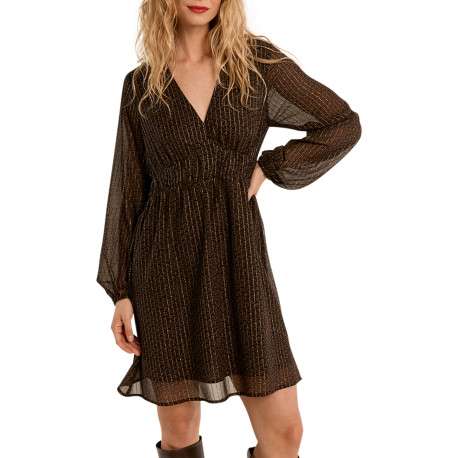 Robe marron avec des reliefs brillants dotée d'une coupe ajustée et un col V - Image 4