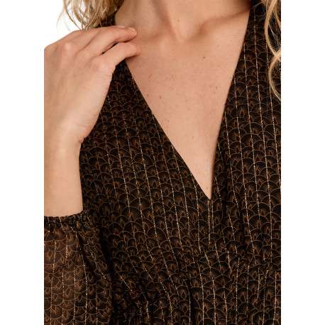 Robe marron avec des reliefs brillants dotée d'une coupe ajustée et un col V - Image 5