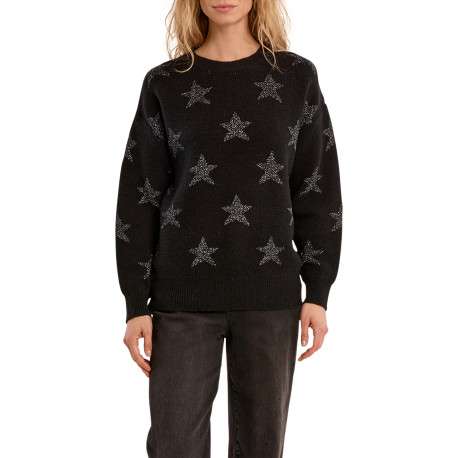 Pull noir avec des motifs étoilés argentés à coupe droite et col rond