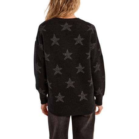 Pull noir avec des motifs étoilés argentés à coupe droite et col rond - Image 2