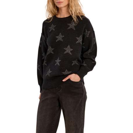 Pull noir avec des motifs étoilés argentés à coupe droite et col rond - Image 3