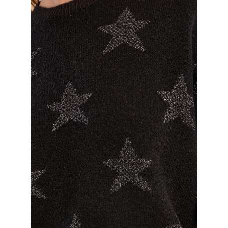 Pull noir avec des motifs étoilés argentés à coupe droite et col rond - Image 5