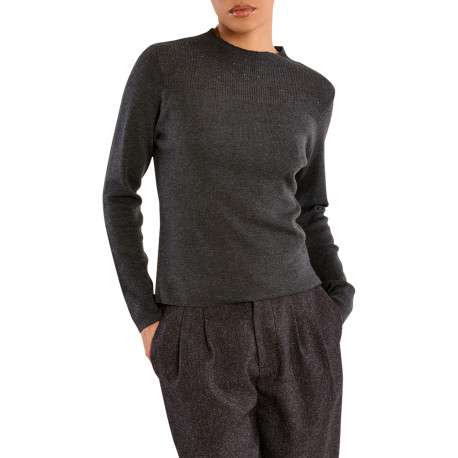 Pull gris uni à coupe droite muni d'un col montant et des manches longues - Image 4
