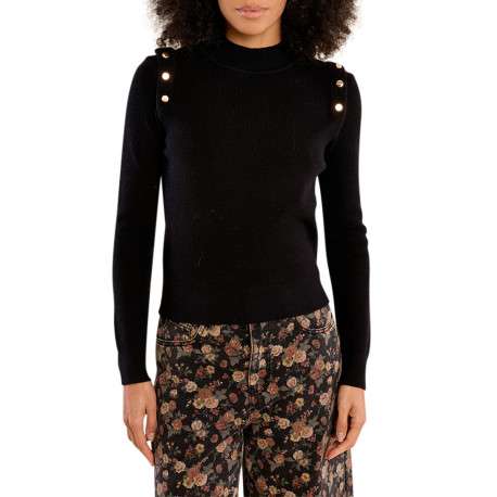 Pull noir uni à coupe ajustée doté d'un col rond et de manches longues