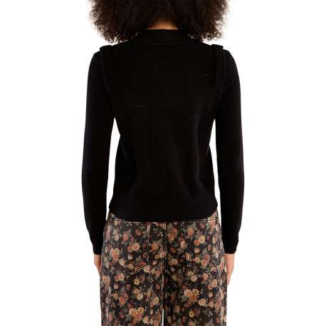 Pull noir uni à coupe ajustée doté d'un col rond et de manches longues - Image 2