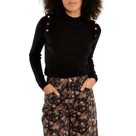 Pull noir uni à coupe ajustée doté d'un col rond et de manches longues - Image 3